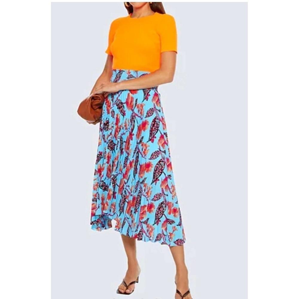A.L.C. Pleated Midi Skirt Womens 2 Blue Floral Smocked Waist Accordion Romantic